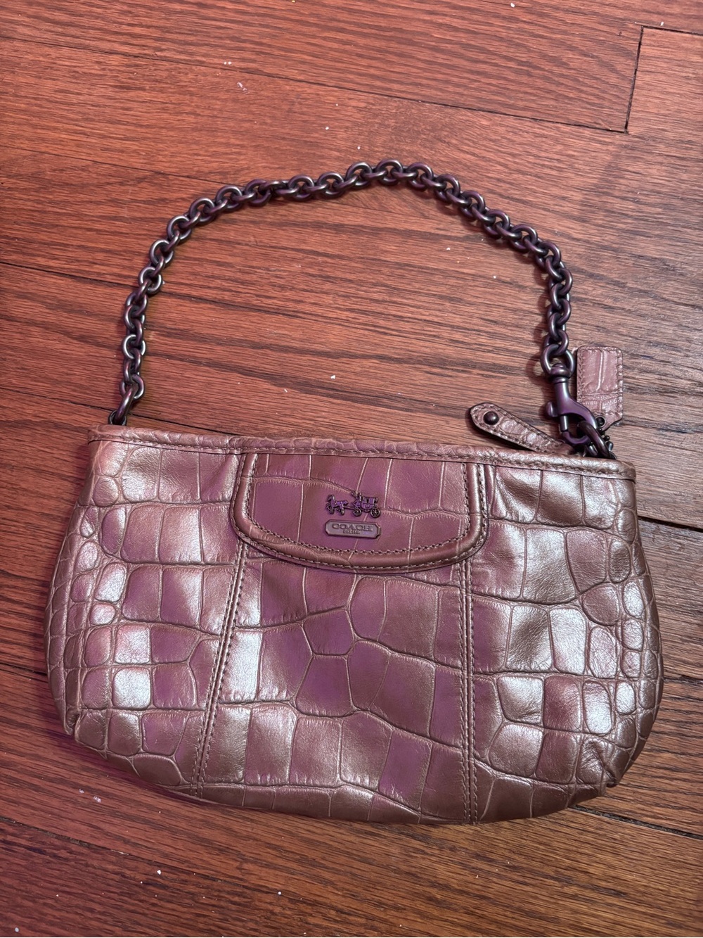 Coach Metallic Plum Croc-Embossed Leather Wristlet